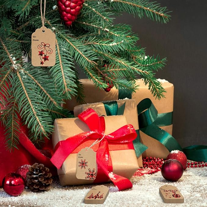 LOKIPA 120 Pieces Christmas Kraft Paper Gift Tags Hang Labels with Red and Black Plaid Snowflake Christmas Tree Elk Patterns and 230 Feet Twine Rope for Christmas