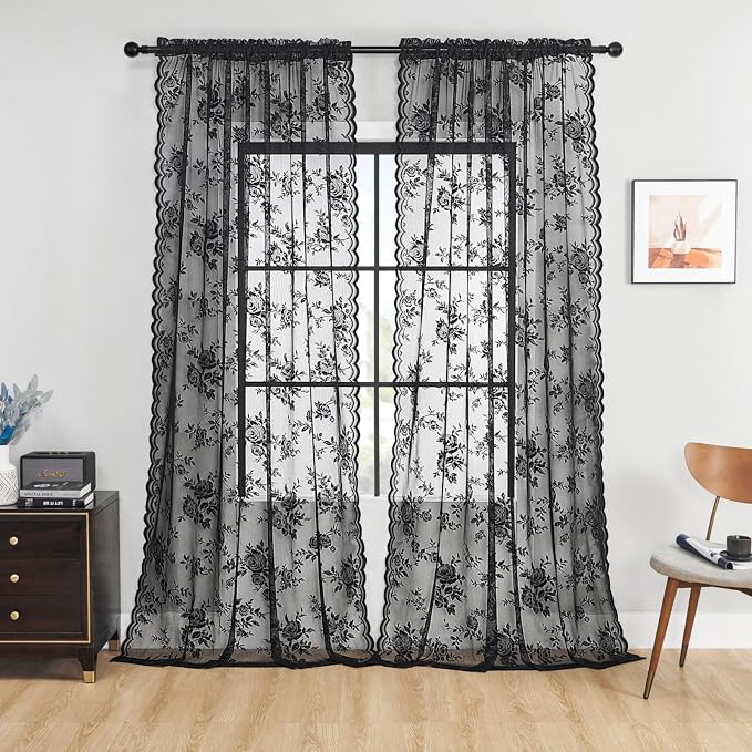 Black Lace Curtains 108 Inches Long Gothic Floral Sheer Curtains by SEEKRIGHTHomeDecor