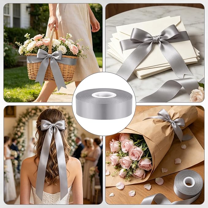 30Yards 1In Gray Satin Ribbon for Gift Wrapping Wedding Christmas Decor | Soft - Image 4