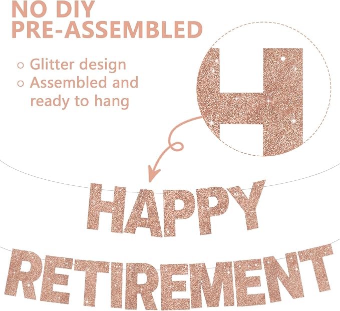 Glitter Rose Gold Happy Retirement Banner Pre-Strung Retirement Party - Image 2