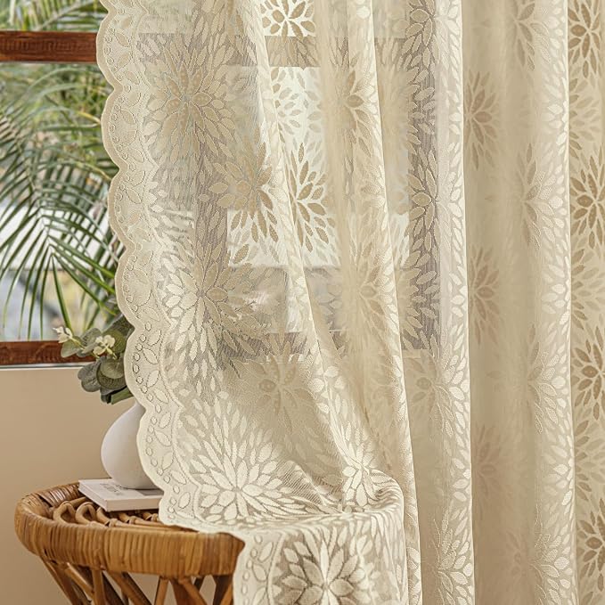 MIULEE Vintage Floral Scalloped Lace Curtains 2 Panels, Short Semi Sheer by MIULEE