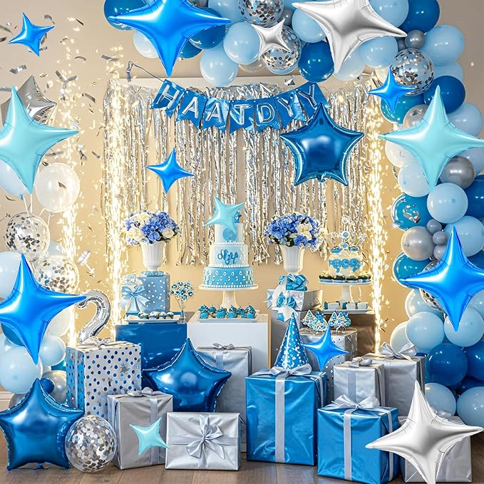 TONIFUL 30 Pcs Four Pointed Star Balloon 26In&10In Silver Blue Foil Balloon | - Image 4