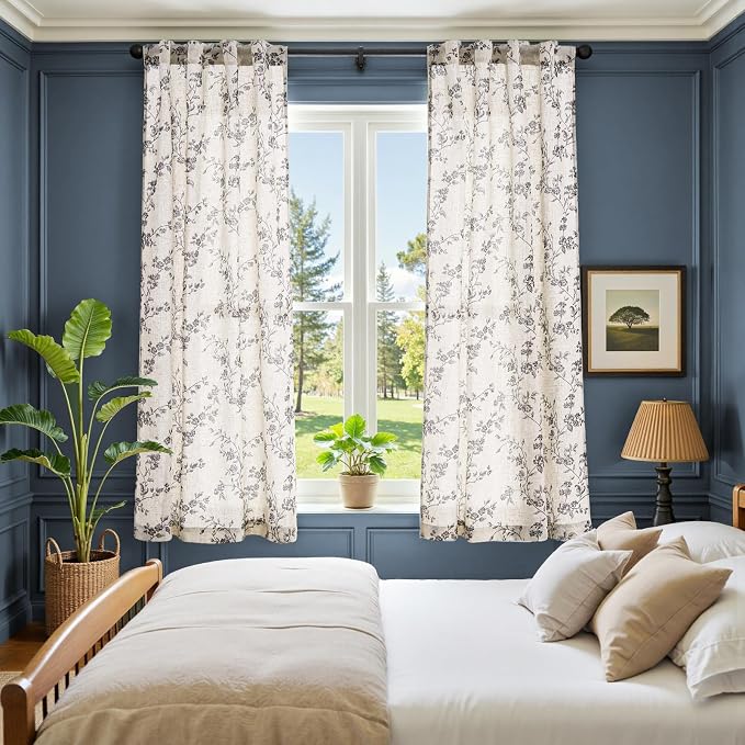 jinchan Black Floral Linen Curtains 63 Inch Rustic Drapes Back Tab 2 Panels | - Image 4