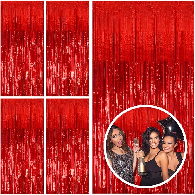 5 Pack Red Streamers Party Backdrop Christmas Decorations Foil Fringe Backdrop by BOMSI