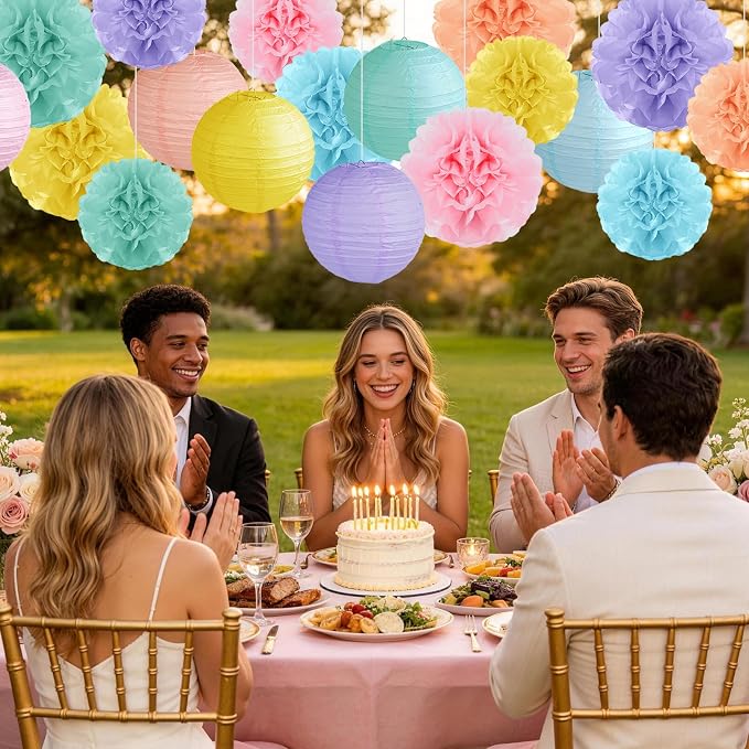 Pastel Paper Lanterns and Pom Poms Flowers Paper Lanterns Party Decorations | - Image 6