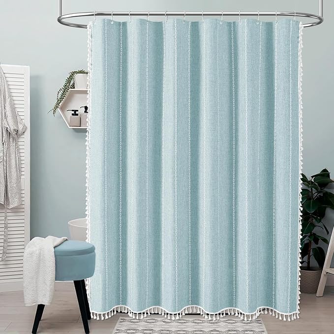 72x78 Long Boho Farmhouse Linen Heavy Duty Shower Curtain, Fog Blue | Tall Size - Image 6