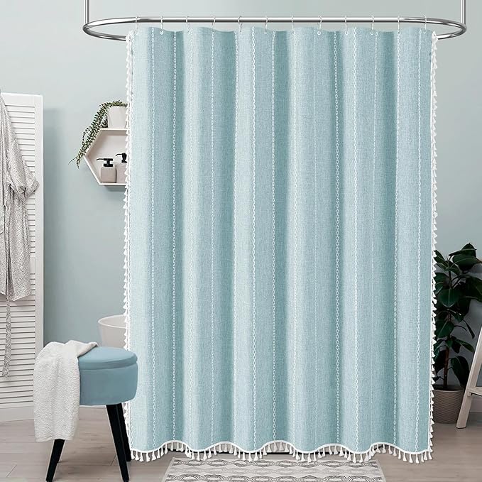 72x96 Extra Long Boho Linen Heavy Duty Shower Curtain Set, Fog Blue | Extra - Image 6
