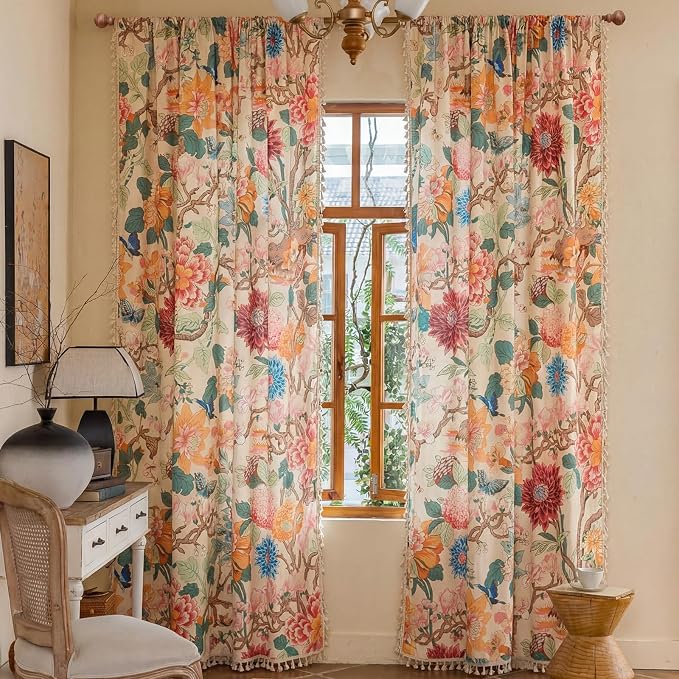 Floral Rod Pocket Semi Sheer Bedroom 96 Inch Curtains 2 Panel Set | Living Room - Image 2