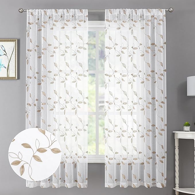 Tollpiz Taupe Leaf Sheer Curtain Bedroom Short 38 x 45 Inches | Leaves by Tollpiz