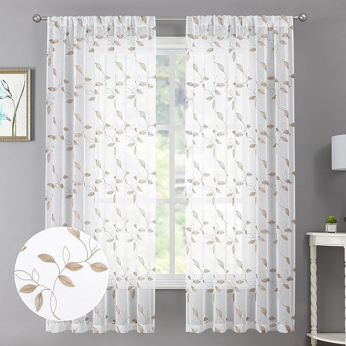 Tollpiz Taupe Leaf Sheer Curtain Bedroom 38 x 63 Inches | Leaves Embroidered by Tollpiz
