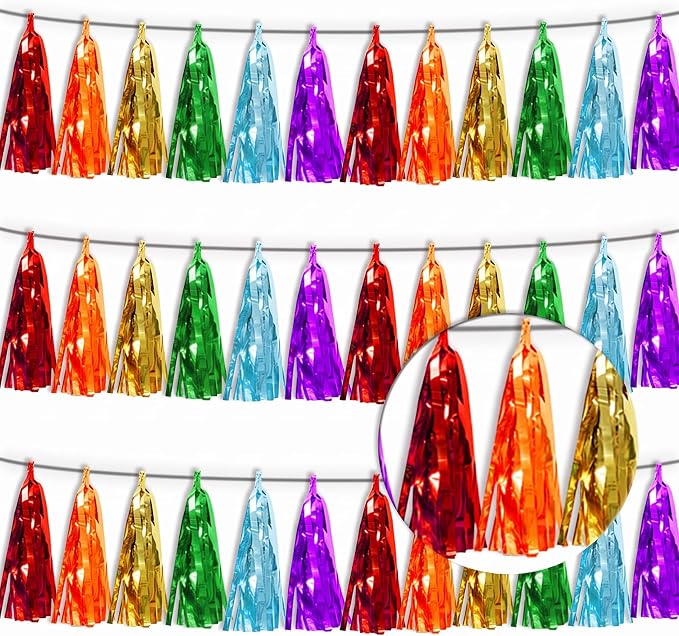 3P Lake Blue Orange-Red-Gold-Silver-Purple Tassel Banner Garland Metallic Foil - Image 2
