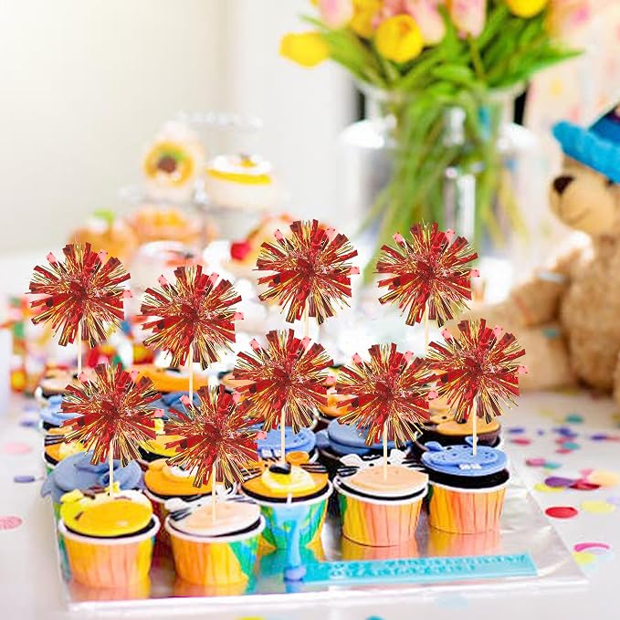 30 PCS Foil Firework Cupcake Toppers Sparkle Tinsel Cupcake Picks Happy - Image 6