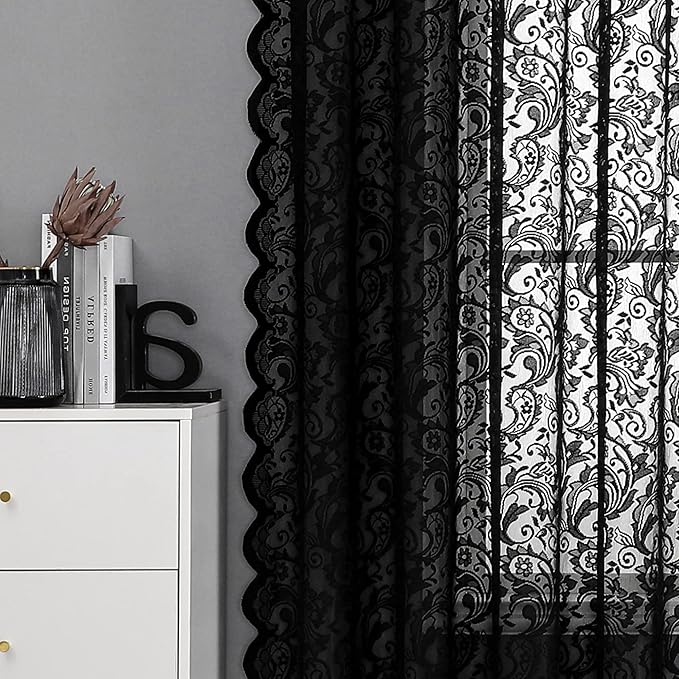 Bujasso Black Sheer Lace Curtains 63 inch Luxury Vintage Floral Sheer Window - Image 3