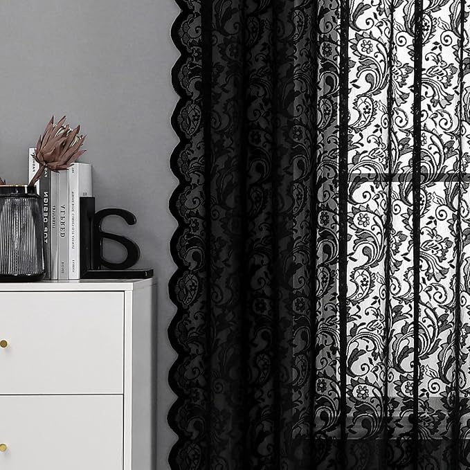 Bujasso Black Sheer Lace Curtains 84 inch Vintage Floral Sheer Window Curtain - Image 5