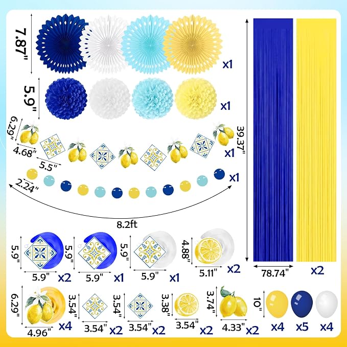 43Pcs Amalfi Coast Party Decorations Lemon Decor Set | Foil Curtains, Paper Fans - Image 3