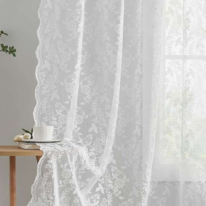 FINECITY White Lace Curtains for Bedroom Rustic Floral W52xL54 Inch 2-Panel | - Image 4