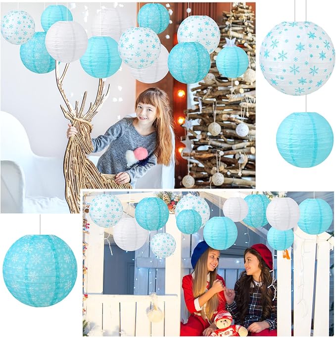 Panelee 12 Pcs Winter Party Decorations Paper Lanterns 8 Inch Blue White Round - Image 6
