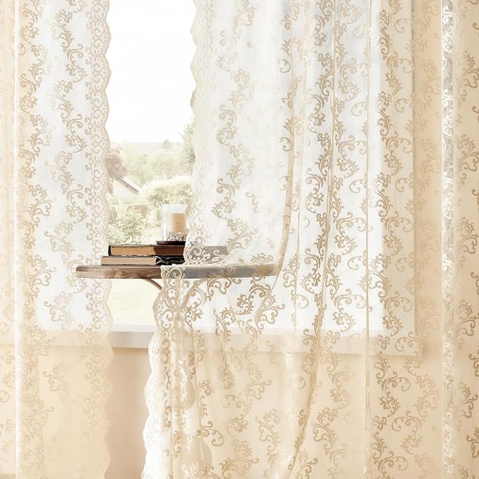 Beige Lace Curtains 80 Inches Long 2 Panels Vintage Paisley Lace Curtains - Image 4