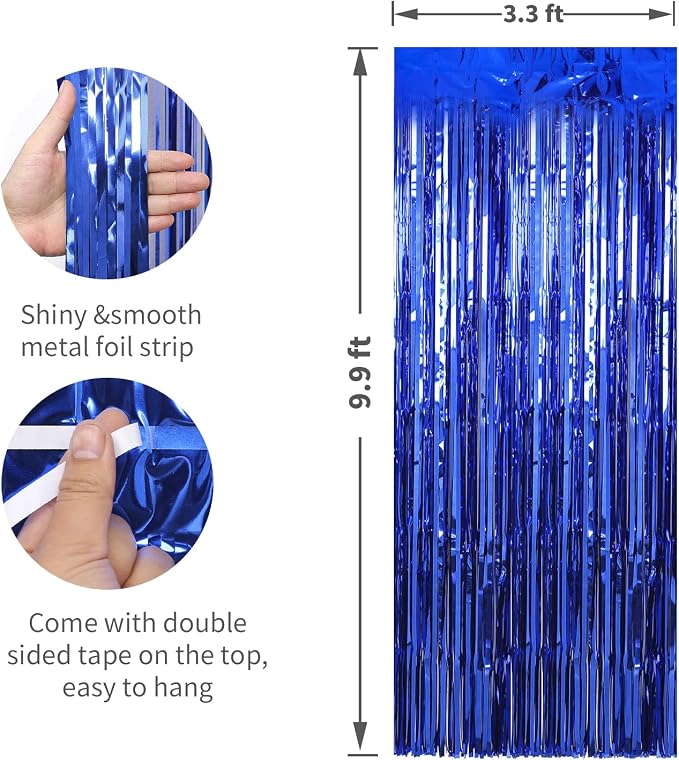 Crosize 2 Pack 3.3 x 9.9 ft Dark Blue Foil Fringe Curtains Party Decorations - Image 2