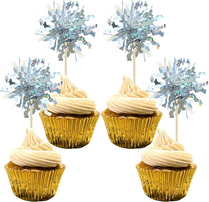 Gyufise 30Pcs Foil Firework Cupcake Toppers Sparkle Tinsel Cake Toppers Tinsel by Gyufise