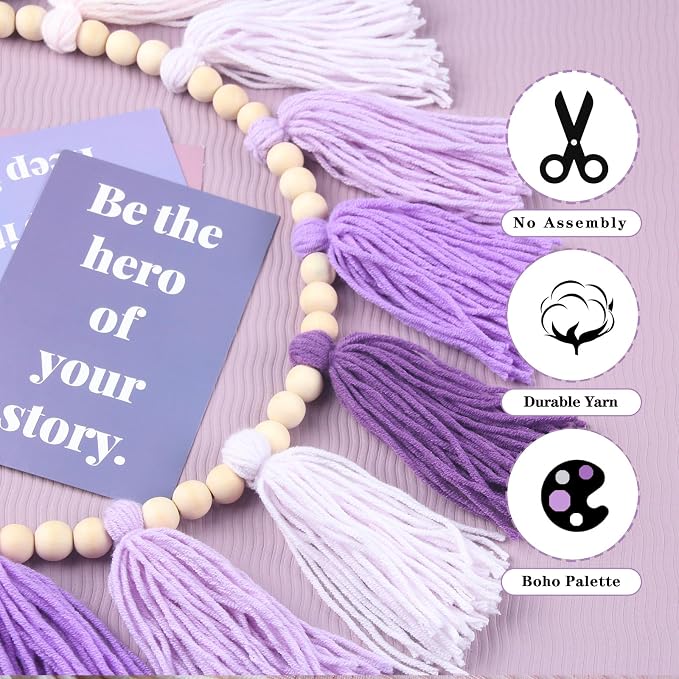 Purple Yarn Wood Bead Tassel Garland Wall Hanging Decor Boho Lavender Banner - Image 6