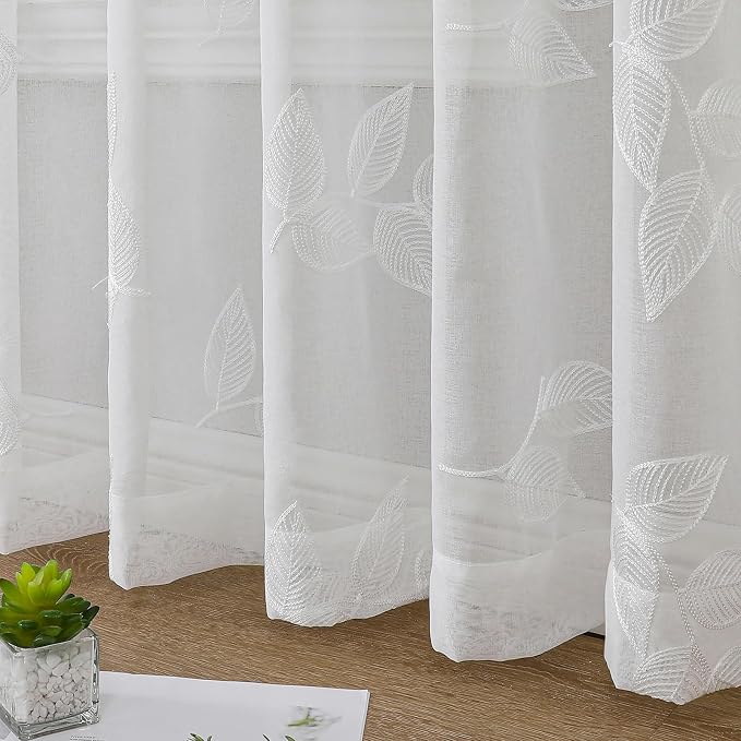 White Sheer Curtains Leaf Embroidered 84 Inches Long 2 Panels | Light Filtering - Image 4