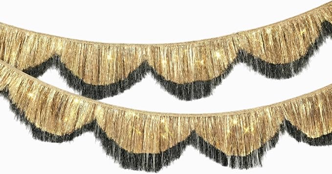 1 Pack Black & Gold Tinsel Fringe Banner 7FT Double-Layer Wavy Tassel Garland by Eanjia