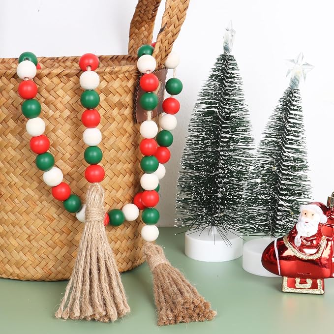 Meplait Wood Bead Garland, 39in Decorative Tassels Garland, Christmas | Natural - Image 4