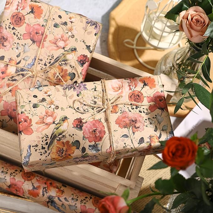 RUSPEPA Blooming Flower Wrapping Paper with Bird and Butterfly Design, 17 in x 32.8 ft Each Roll, Mini Roll Kraft Floral Wrapping Paper for Girls, Women, Spring and Birthday