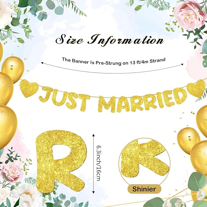 Pre Strung Just Married Banner Glitter Wedding Party Banner No DIY Just Married - Image 3