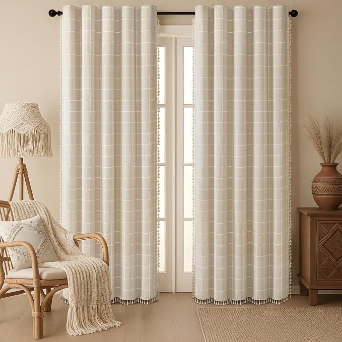 Boho Blackout Plaid Curtains 84 Inch Drapes Linen Blend 2 Panels | Vintage - Image 6
