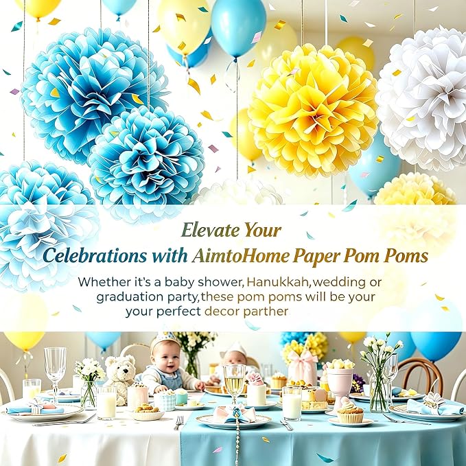 AimtoHome Blue Yellow White Paper Flower Pom Poms, 6/8/10 Inch Assorted Sizes - Image 7