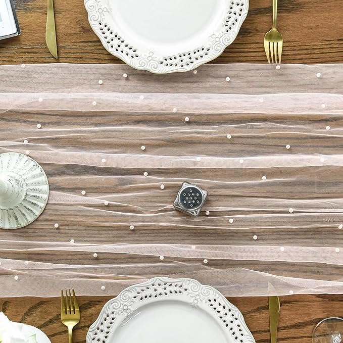 Artoid Mode Pearl Pink Gauze Table Runner 59x120 Inch , Seasonal Sheer Kitchen Dining Holiday Wedding Birthday Baby Shower Table Decor for Home Party