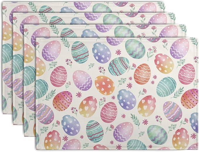 Easter Placemats Set of 4 Watercolor Colorful Eggs Floral Table Mats 12x18 Inch by Wnoesat