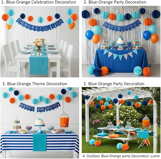 Orange Blue Paper Honeycomb Balls, 12 Pack Hanging Tissue Pom Poms - Image 4