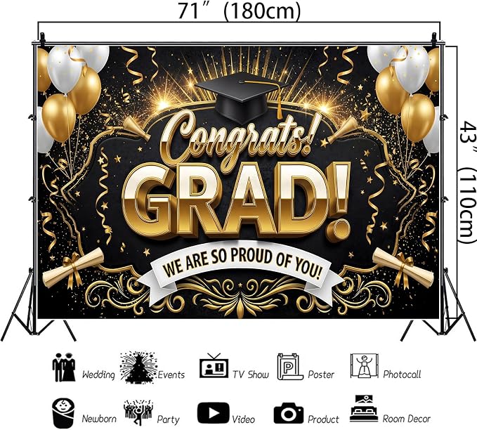 Black Gold Graduation Banner Backdrop 2026 5.9x3.6ft Congrats Grad Banner - Image 7