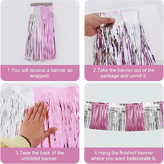 BEISHIDA Pink Silver Fringe Garland Banner 30ft Wall Tinsel Foil Streamers | - Image 2