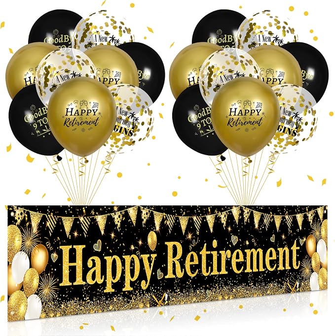 Retirement Party Decorations Black Gold Happy Retirement Banner and 18pcs by Rumia