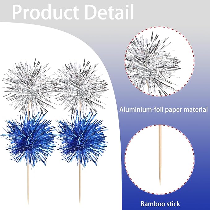 40 PCS Foil Firework Cupcake Toppers Sparkle Tinsel Cupcake Picks Fireworks - Image 3