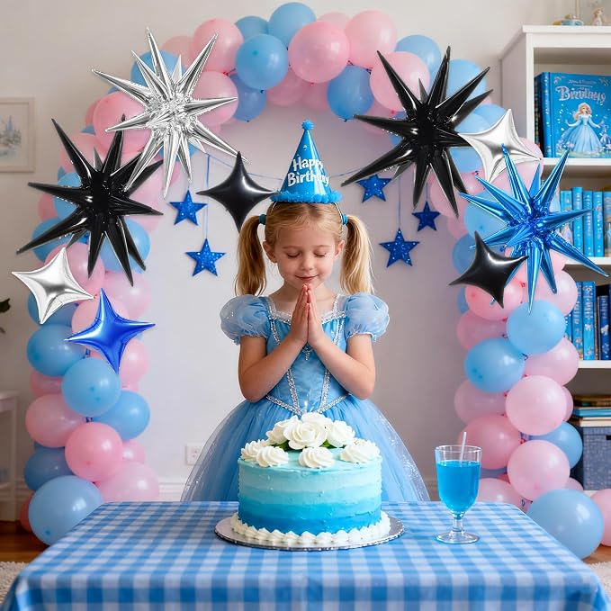 TONIFUL 22Inch 18Pcs Black Blue Silver Explosion Star Mylar Balloons and 10Inch - Image 5