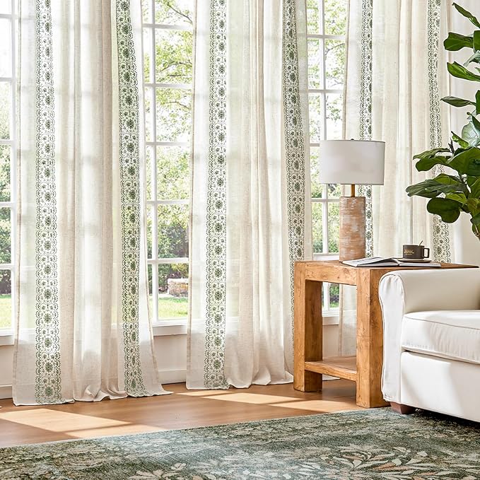 jinchan Floral Linen Curtains Embroidered Back Tab 50x84in 4 Panels Sage | - Image 3