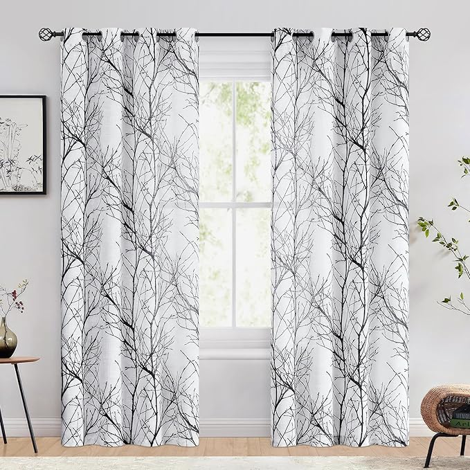FMFUNCTEX Linen Black White Semi Sheer Print Curtains 72 Inch Long 2 Panels | - Image 2