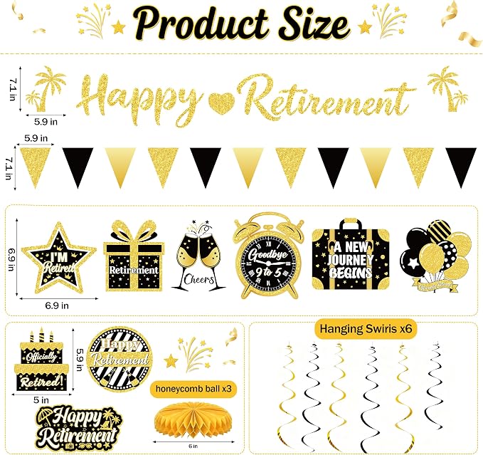 17 Pcs Black Gold Retirement Party Decorations - Image 2