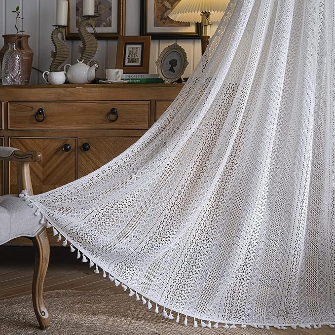 Sutuo Home White Crochet Boho Curtains 72 Inches Length, Sheer Lace Handmade by SutuoHome
