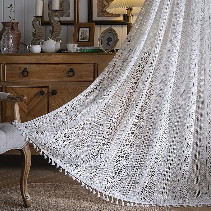 Sutuo Home White Crochet Boho Curtain 96 Inches Long, Sheer Lace Handmade by SutuoHome