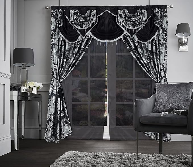 GLORY RUGS Jacquard Luxury Window 2 Panel Set Black Curtain - Image 2