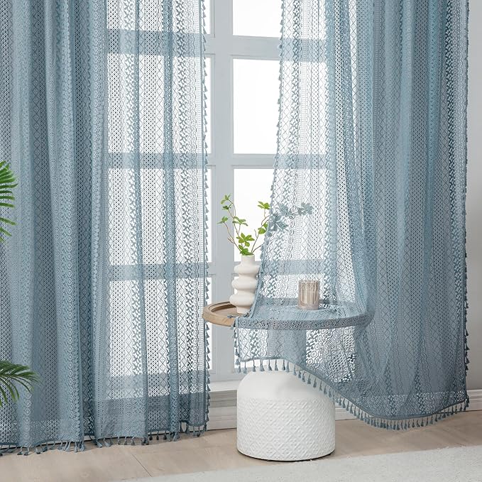 WAZZIO Boho Lace Curtains 84 Inches 2 Panel, Light Filtering Privacy Tassel & - Image 6