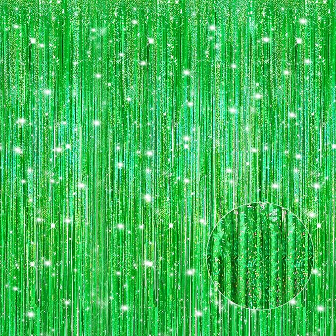 Crosize 4 Pack 3.3 x 9.9 ft Laser Green Foil Fringe Curtains, Tinsel Curtain by Crosize