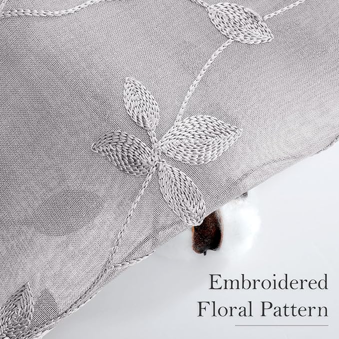 HOMEIDEAS Grey Sheer Curtains 2 Panels, Embroidered Vine Leaf, W52xL63 | Faux - Image 3