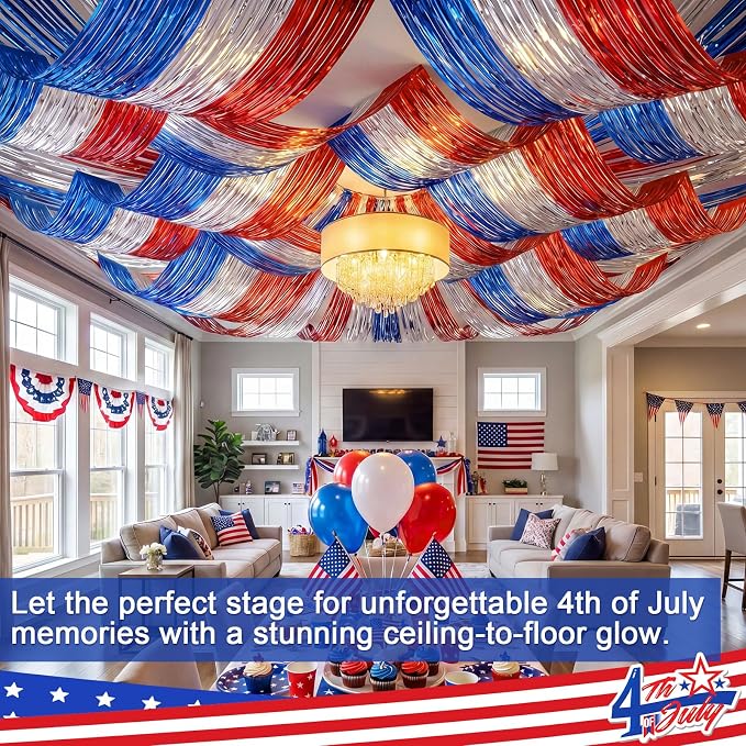 8 Pcs 4th of July Decorations 15ft Patriotic Metallic Foil Ceiling Fringe - Image 5